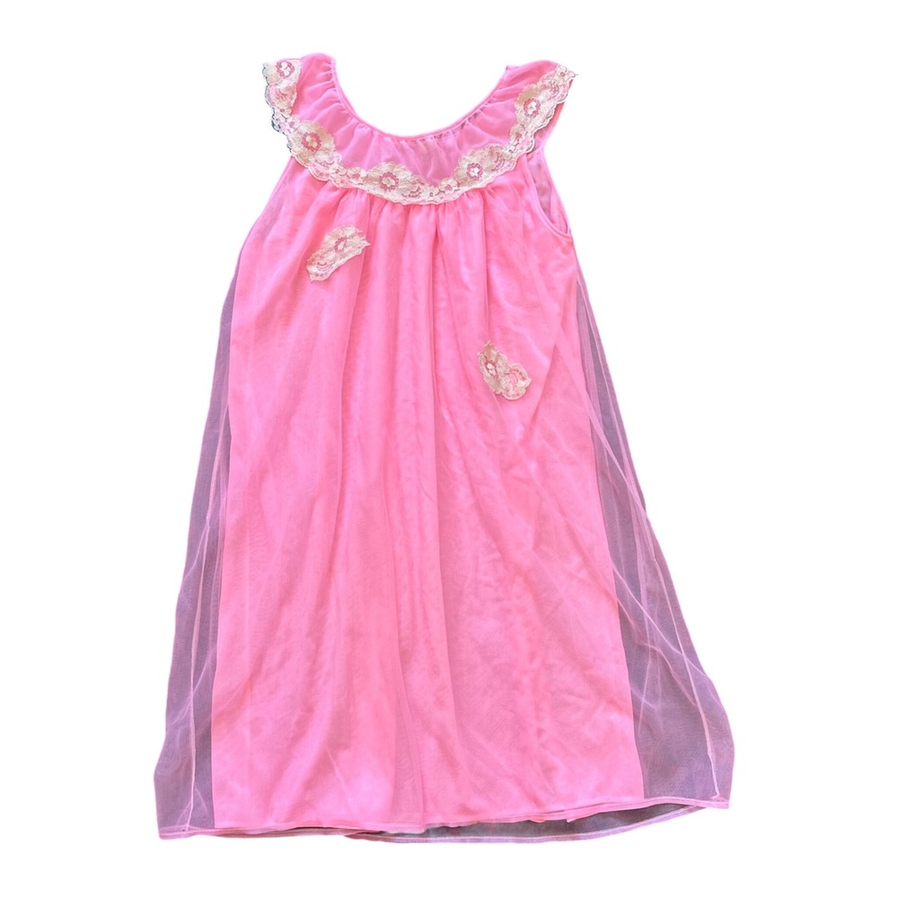 Vintage Pink Nylon Nightgown Sheer Mesh Overlay Lace Trim Babydoll Small